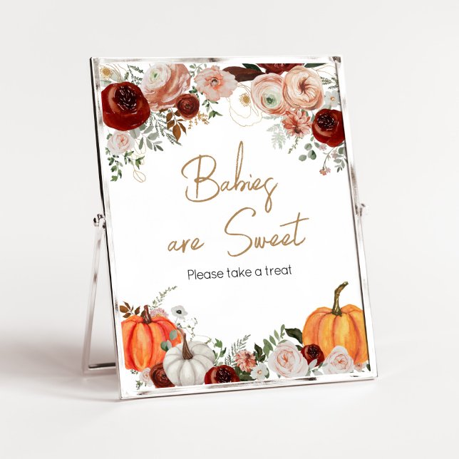Poster Automne Marsala Bourgogne Citrouille Les bébés son (Fall Floral Pumpkin Baby Shower Babies are Sweet Sign)