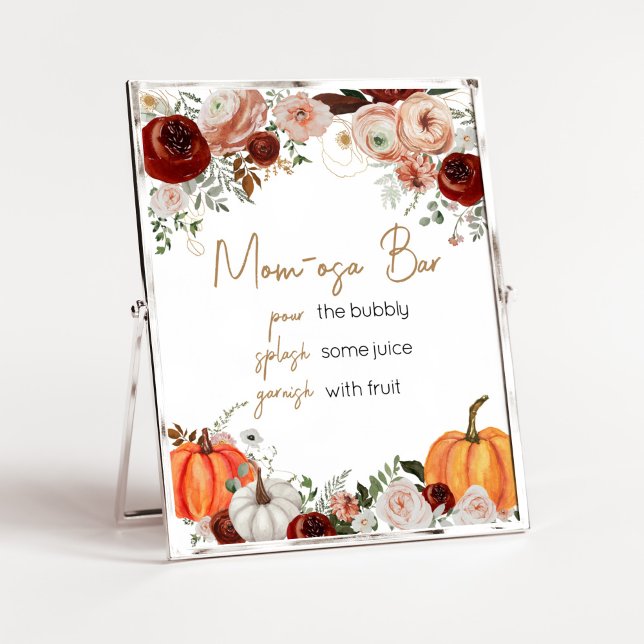 Poster Automne Marsala Bourgogne Floral Citrouille Maman  (Fall Floral Pumpkin Baby Shower Mom Osa Bar Sign)