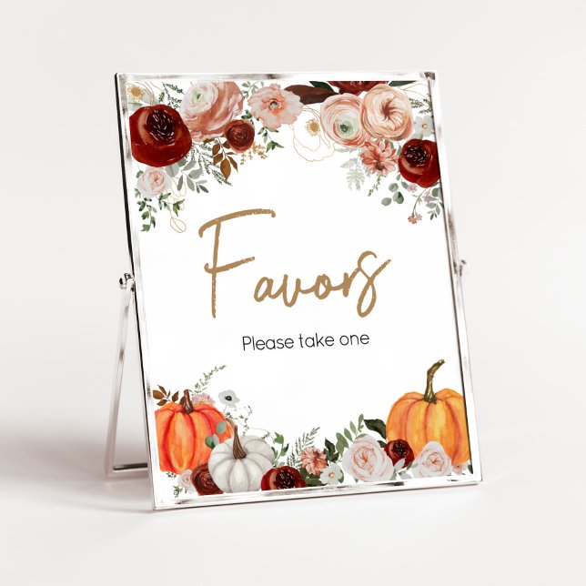 Poster Automne Marsala Bourgogne Floral Citrouilles Faveu (Fall Floral Pumpkin Baby Shower Favors Sign)