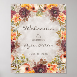 Poster Automne Orange Bourgogne Mariage Floral Bienvenue