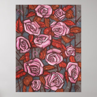 Poster Automne Rose Floral Art Rustique Fleurs rose Orang
