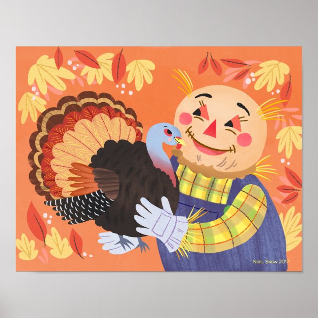 Poster Automne Scarecrow and Turkey Art Print (Devant)