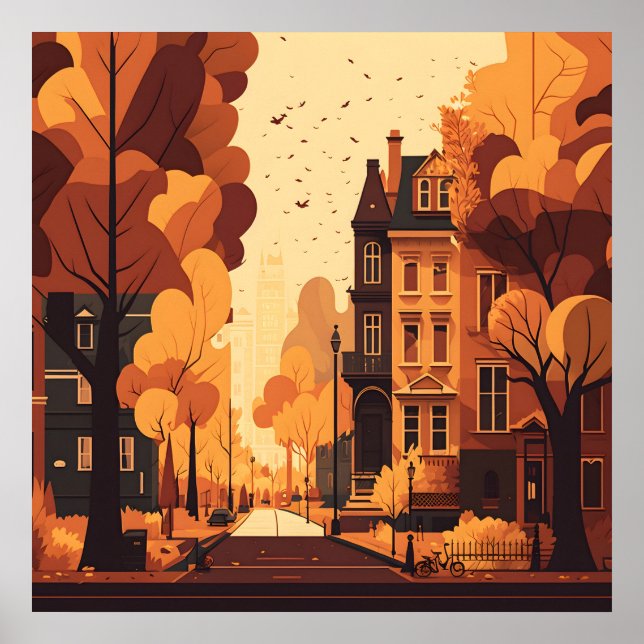 Poster Automne Ville Rue Russe Orange Rouge Jaune Brown (Devant)