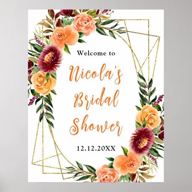 Poster Autumn and Burgundy Orange Bridal Shower Welcome (Devant)