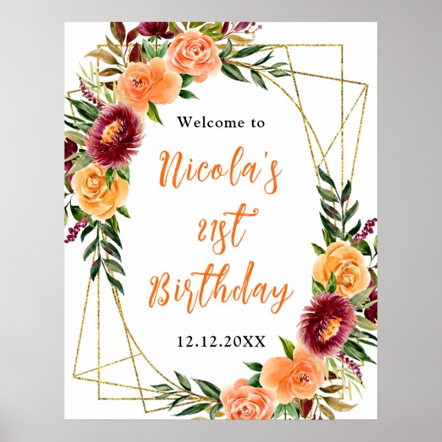 Poster Autumn Burgundy and Orange Birthday Welcome (Devant)