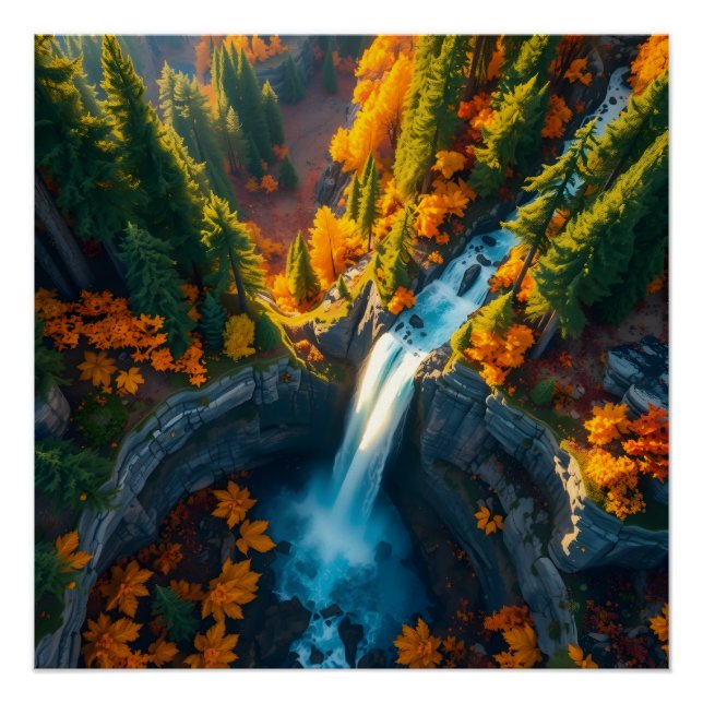 Poster Autumn Canyon Waterfall – Vibrant Fall Forest Land (Devant)