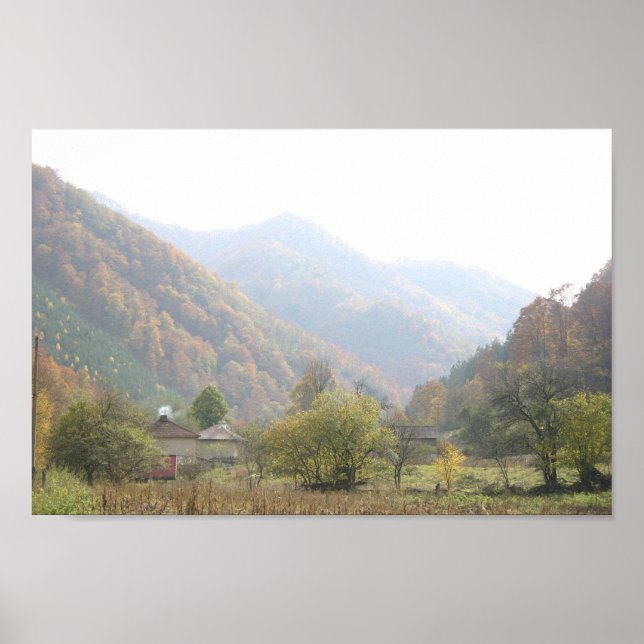 Poster  Autumn Day Village Mountain Photo (Front)