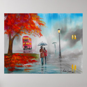 Poster Autumn fall rainy day red bus couple