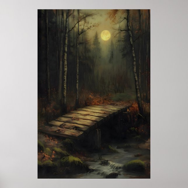 Poster Autumn Moonlit Forest Bridge Rustic Woodland Art (Devant)