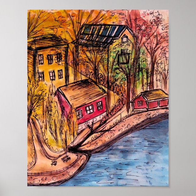 Poster Autumn Riverside Art - Cosy Automne Illustration (Devant)