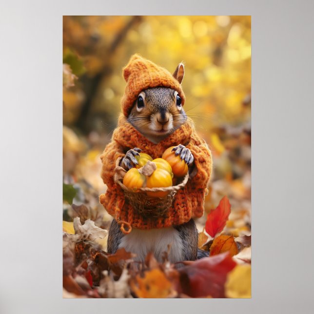 Poster Autumn Squirrel Art Print, Cozy Fall (Devant)