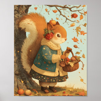 Poster Autumn Squirrel Harvest Nursery Wall Art