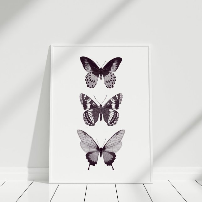 Poster aux papillons (Black and White Minimalist Butterfly Poster in a white frame.)