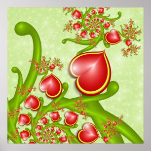 Poster Avec beaucoup d'amour Rouge Coeurs Jaunes Fractal