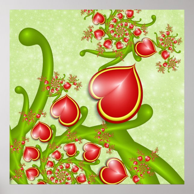 Poster Avec beaucoup d'amour Rouge Coeurs Jaunes Fractal  (Devant)