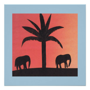 Poster avec des silhouettes d'éléphants et un palm