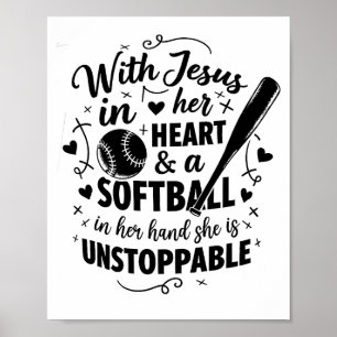 Poster Avec Jésus dans son cœur et un softball elle est i