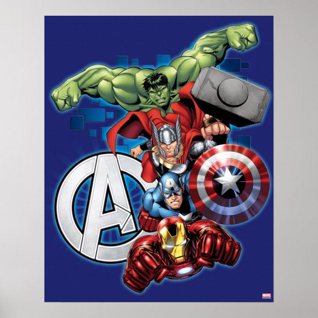 Poster Avengers | Groupe et logo haute technologie empilé (Devant)