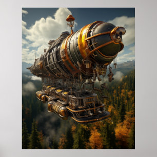Poster Aventure automnale Steampunk Zeppelin sur la forêt