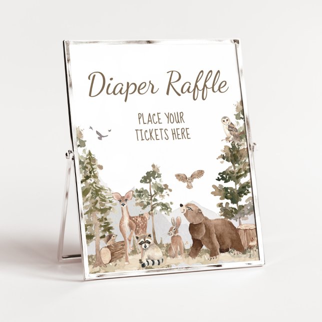 Poster Aventure Await Woodland Animaux Déchets Raffle (Woodland Animals Adventure Awaits Baby Shower Diaper Raffle Sign)
