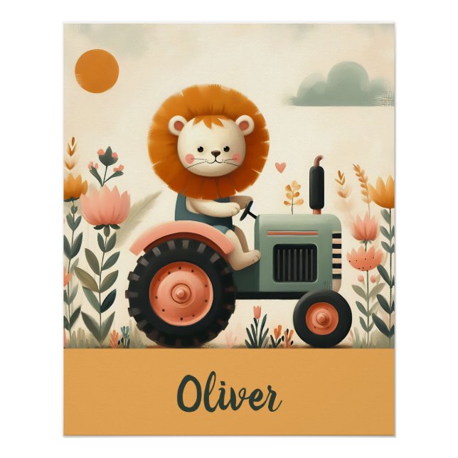 Poster Aventure de lion mignon sur tracteur (Devant)
