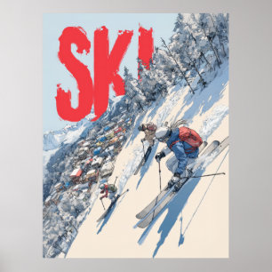 Poster Aventure de ski sur la pente de la montagne