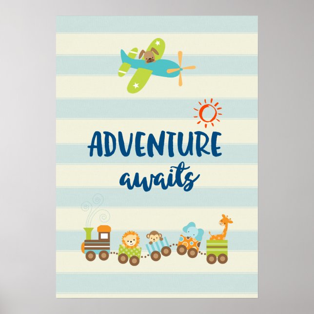 Poster Aventure en train jouet animal et avion attend (Devant)