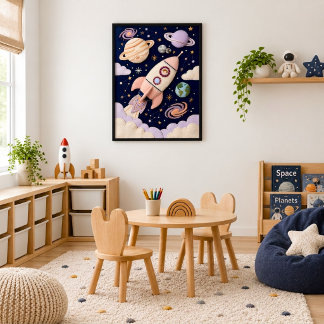 Poster Aventure Fille Fusée Espace Enfants Pastel Fantais