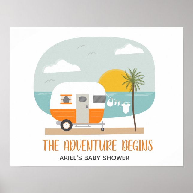 Poster Aventure Orange Beach Camper Baby shower neutre (Devant)