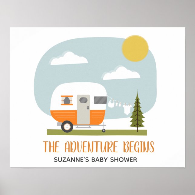 Poster Aventure Orange Rétro Camper Baby shower Neutre (Devant)