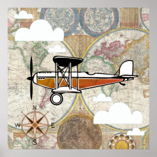 Poster Aviateur Avion Vintage Aventure Mondiale