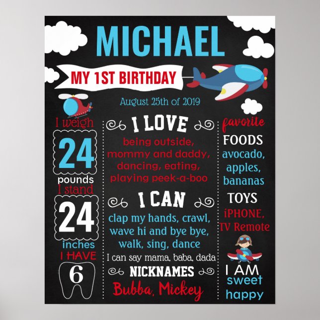 Poster Avion Avion Pilote Premier panneau d'anniversaire (Devant)