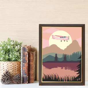 Poster Avion Cessna rose volant au coucher du soleil sur
