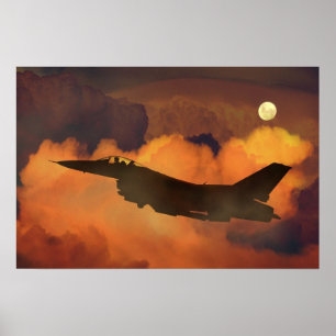 Poster Avion de chasse F-16 ciel nocturne lune nuages