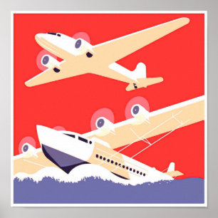 Poster Avion en vol vintage WPA coloré