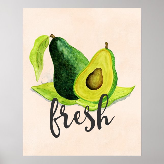 Poster Avocado vert frais Fruit à vie fixe dans l'aquarel (Devant)
