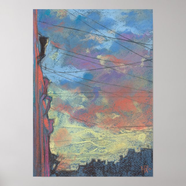 Poster Avril Coucher de soleil, Sky City Paysage Peinture (Devant)