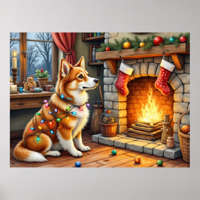 Poster Azawakh Sitting by Fireplace with Christmas Lights (Devant)