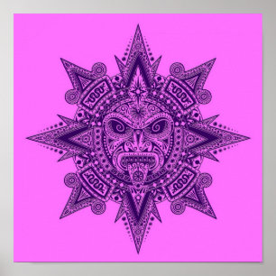 Poster Aztec Sun Mask Purple and Pink