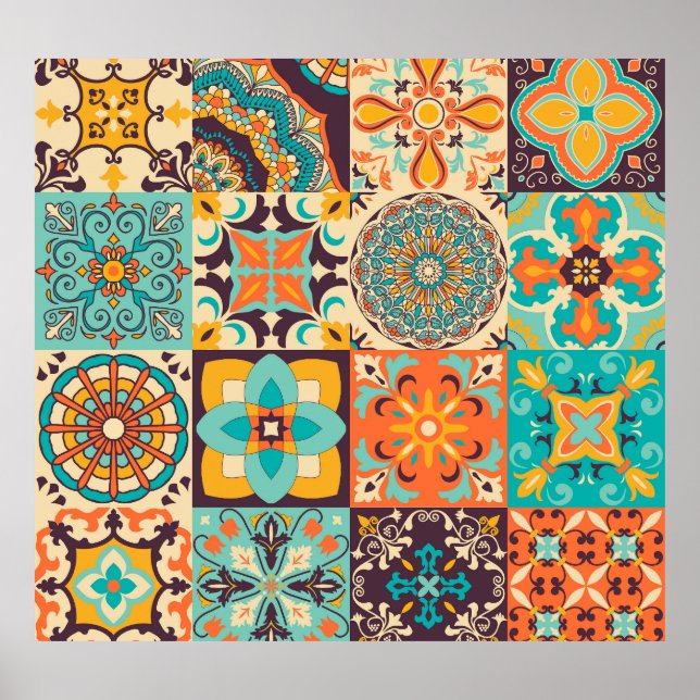 Poster Azulejos coloré Jeu de carreaux traditionnels (Devant)