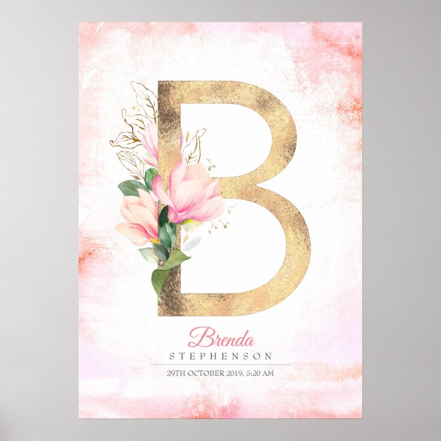 Poster B Lettre Monogramme Feuille d'or rose Magnolia Flo (Devant)