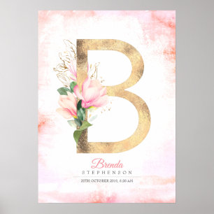 Poster B Lettre Monogramme Feuille d'or rose Magnolia Flo