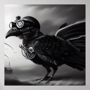 Poster B&W Steampunk Robot Bird