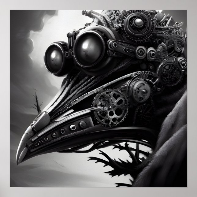 Poster B&W Steampunk Robot Raven (Devant)