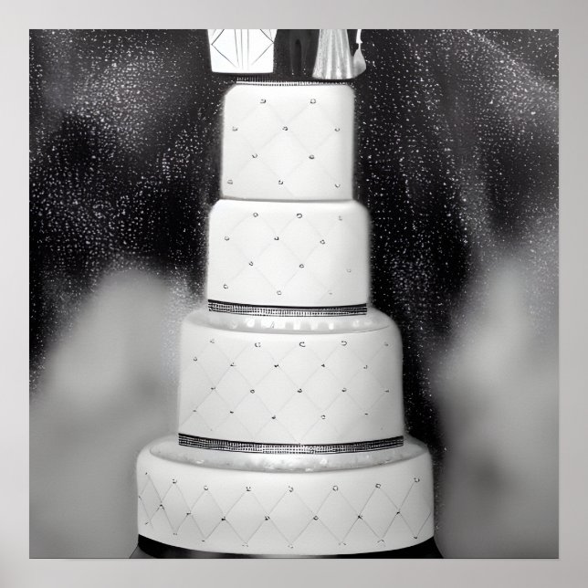 Poster B&W White Retro Mariage Cake (Devant)