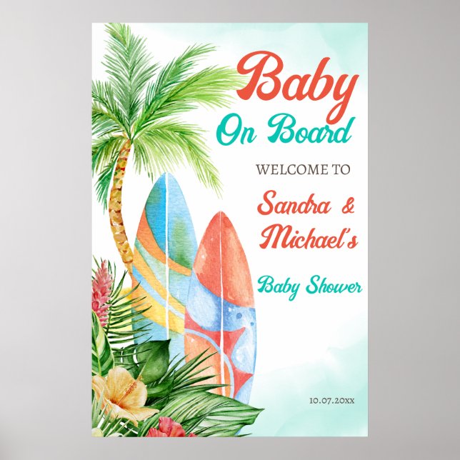 Poster Baby à bord baby shower tropical de surf accueil (Devant)