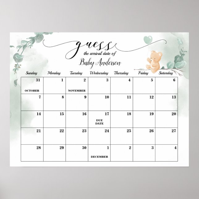Poster Baby Bear Douche Devis Date d'échéance Calendrier (Devant)
