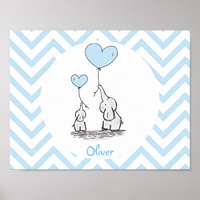 Poster Baby Blue Elephant Personnalisé Baby Boy (Devant)