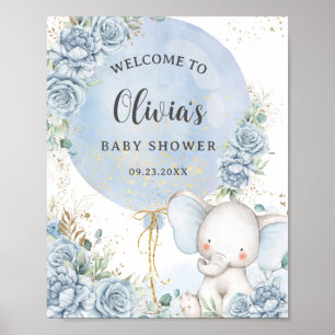 Poster Baby Blue Fleur d'Éléphant Garçon Baby Shower