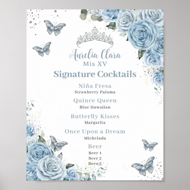 Poster Baby Blue Floral Argent Quinceanera Bar Menu boiss (Devant)